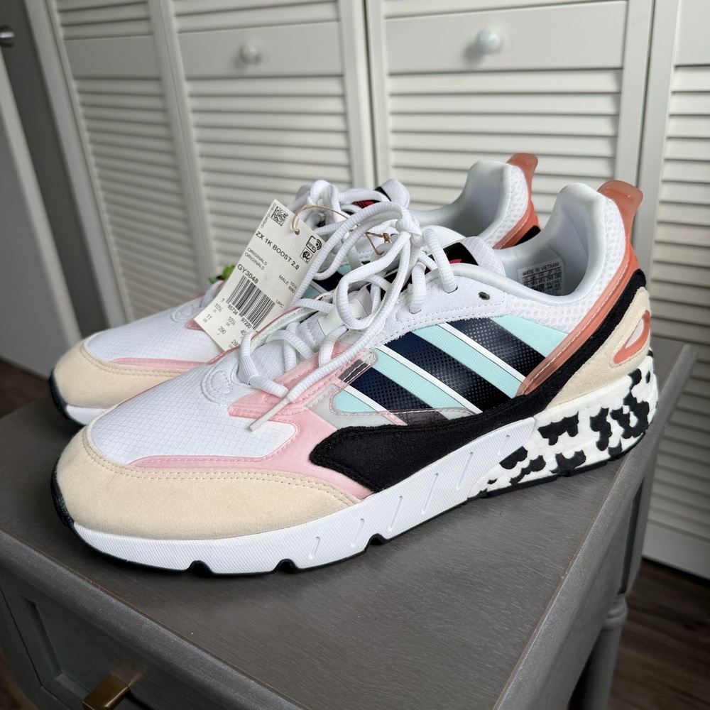 Adidas ZX 1K Boost 2.0 White, Core Black, Rose Pink, and Clear Mint/Bliss Blue